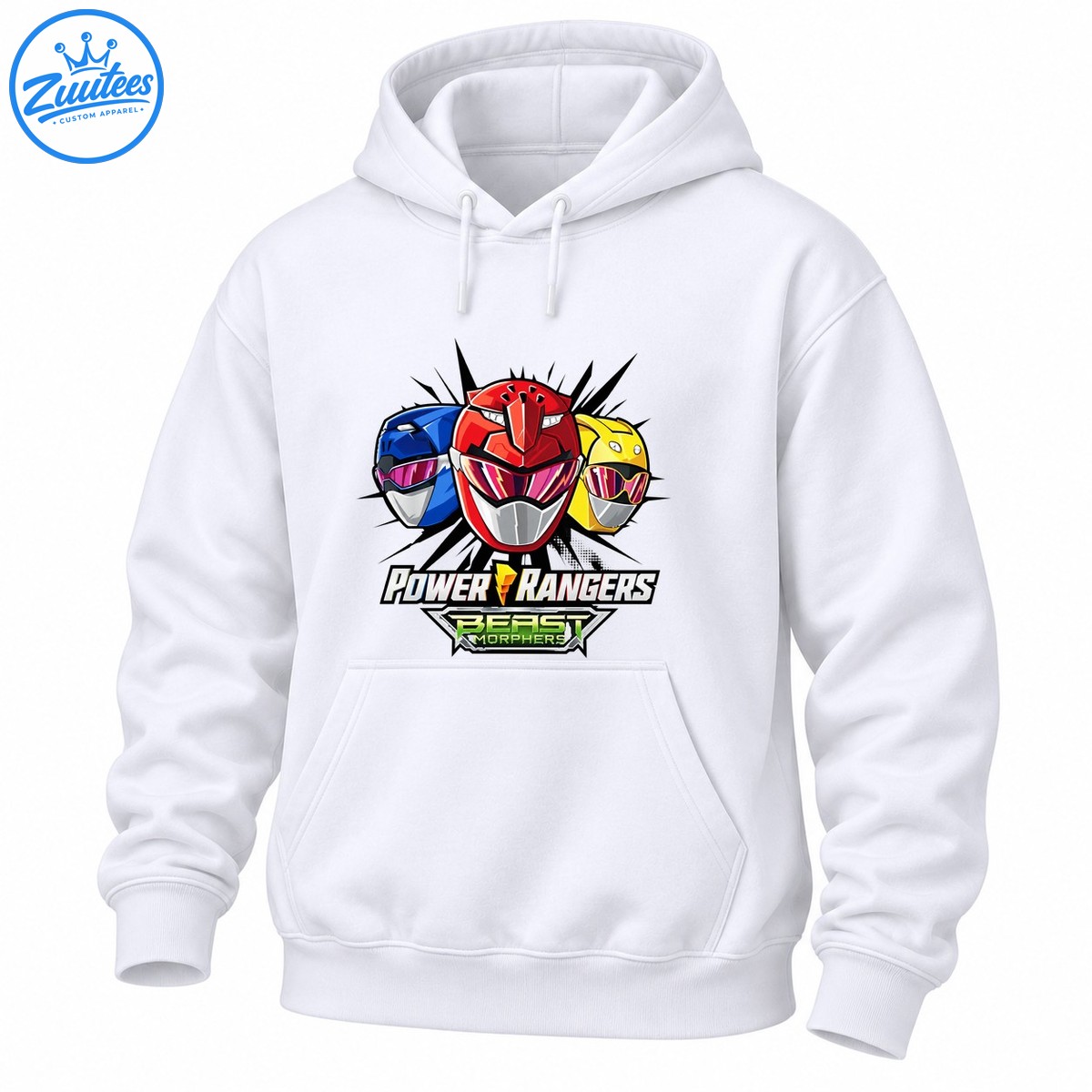 Three red, blue, and yellow ranger helmets above POWER RANGERS lettering and a green BEAST MORPHERS badge. Three red, blue, and yellow ranger helmets above POWER RANGERS lettering and a green BEAST MORPHERS badge.