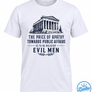 Plato quote shirt with a navy Greek temple illustration and vintage lettering about apathy and evil men