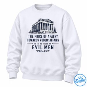 Plato quote shirt with a navy Greek temple illustration and vintage lettering about apathy and evil men