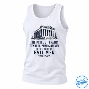 Plato quote shirt with a navy Greek temple illustration and vintage lettering about apathy and evil men