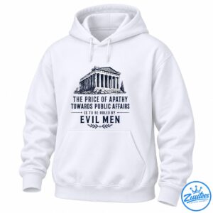Plato quote shirt with a navy Greek temple illustration and vintage lettering about apathy and evil men
