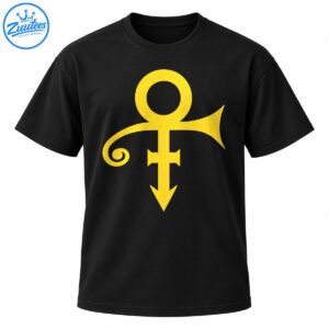 Golden yellow Prince Love Symbol graphic on a black T-shirt