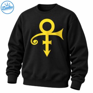 Golden yellow Prince Love Symbol graphic on a black T-shirt