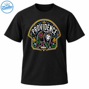 Providence Bruins shirt design with a white illustrated bear, colorful sugar skull-inspired details, flowers, vines, and a yellow badge border