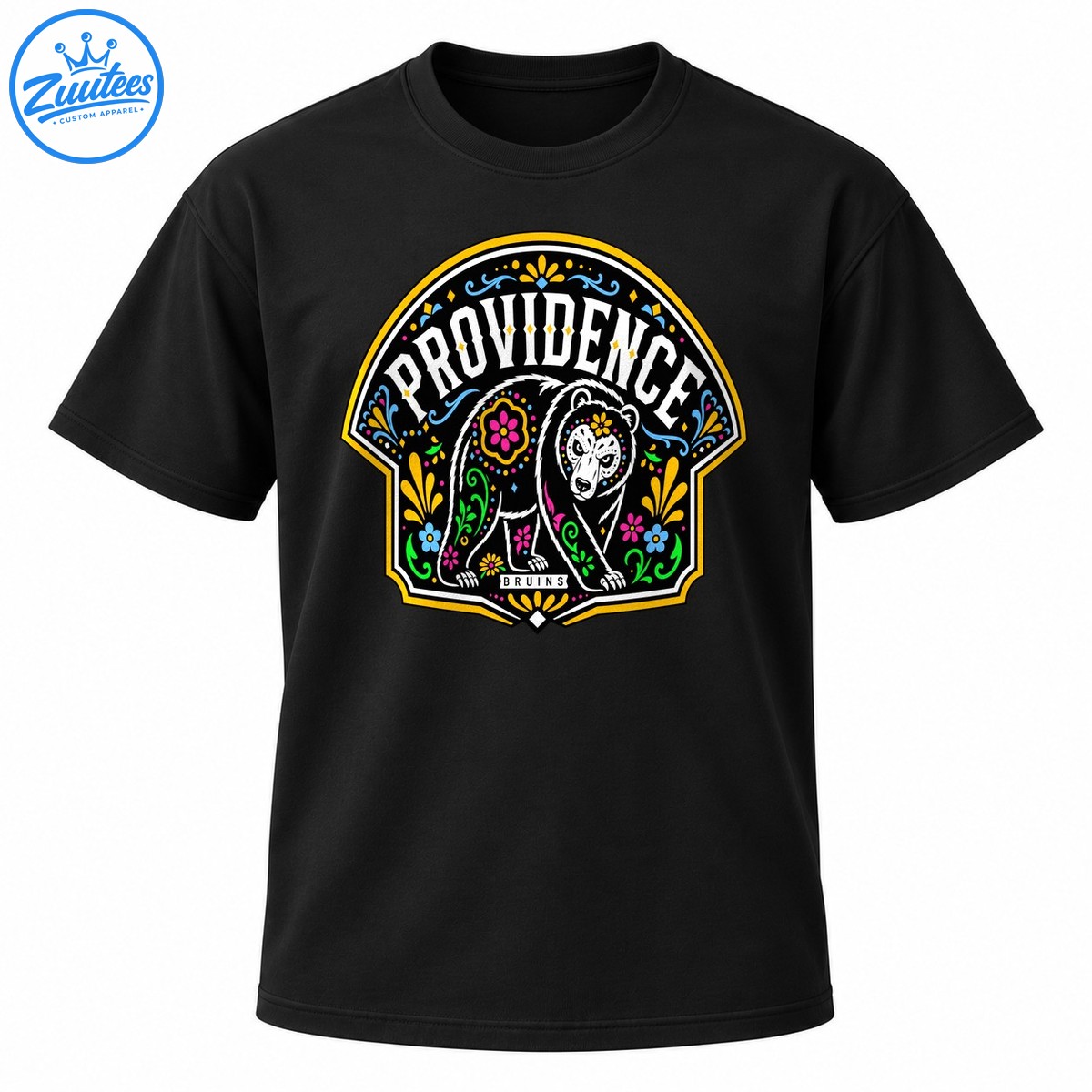Providence Bruins shirt design with a white illustrated bear, colorful sugar skull inspired details, flowers, vines, and a yellow badge border Providence Bruins shirt design with a white illustrated bear, colorful sugar skull-inspired details, flowers, vines, and a yellow badge border