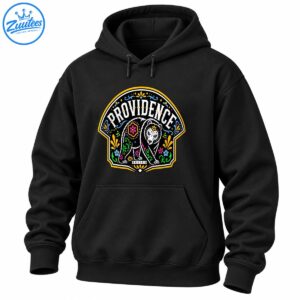 Providence Bruins shirt design with a white illustrated bear, colorful sugar skull-inspired details, flowers, vines, and a yellow badge border