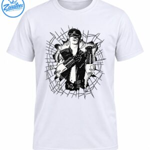 Black and white punk rocker illustration with studded leather, skull belt detail, and shattered glass graphic