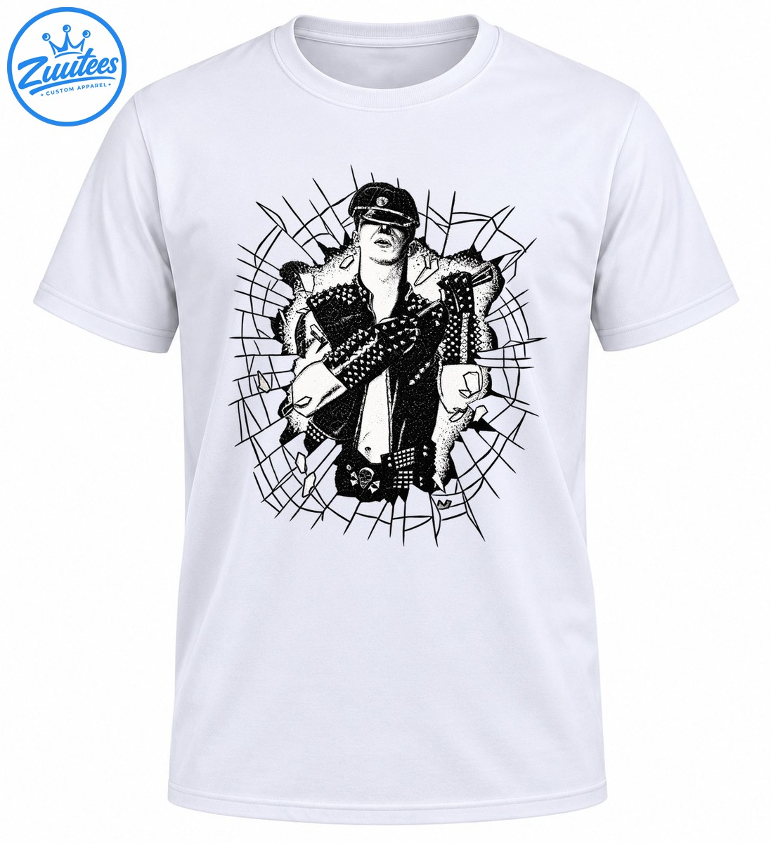 Black and white punk rocker illustration with studded leather, skull belt detail, and shattered glass graphic Black and white punk rocker illustration with studded leather, skull belt detail, and shattered glass graphic