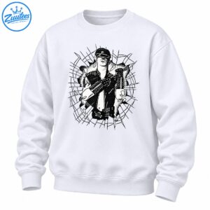Black and white punk rocker illustration with studded leather, skull belt detail, and shattered glass graphic