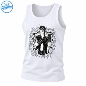Black and white punk rocker illustration with studded leather, skull belt detail, and shattered glass graphic