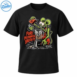 Green rat monster pours oil into a spark plug blender with Pure Mechanical Brutality lettering in vintage comic style