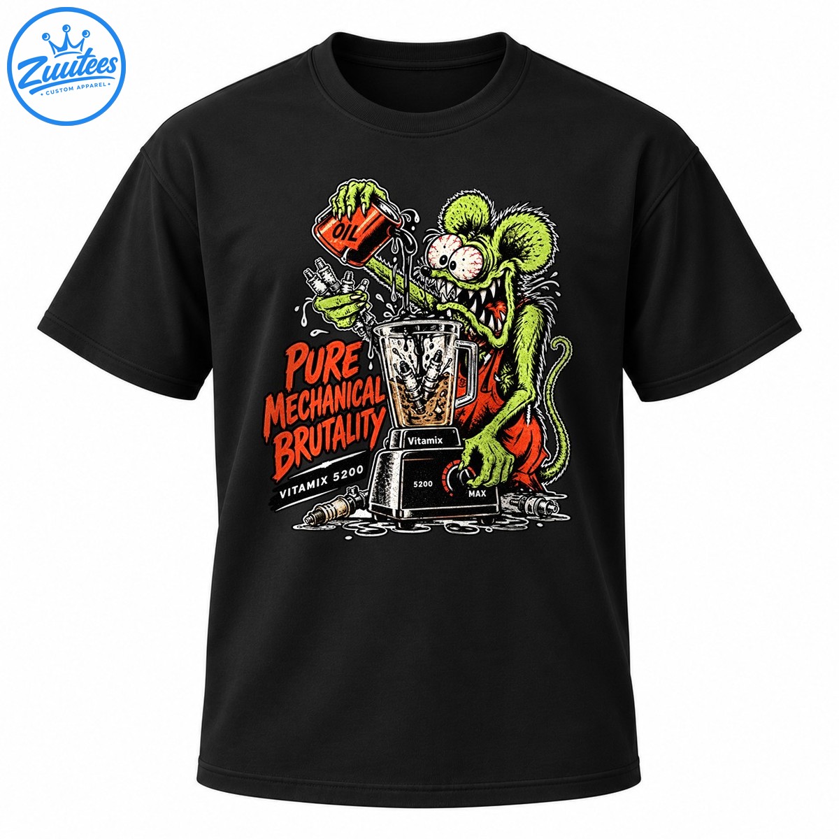 Green rat monster pours oil into a spark plug blender with Pure Mechanical Brutality lettering in vintage comic style Green rat monster pours oil into a spark plug blender with Pure Mechanical Brutality lettering in vintage comic style