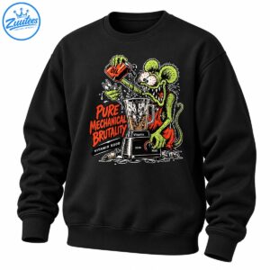 Green rat monster pours oil into a spark plug blender with Pure Mechanical Brutality lettering in vintage comic style