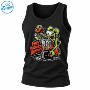 Green rat monster pours oil into a spark plug blender with Pure Mechanical Brutality lettering in vintage comic style