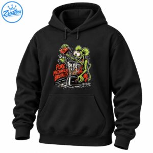 Green rat monster pours oil into a spark plug blender with Pure Mechanical Brutality lettering in vintage comic style
