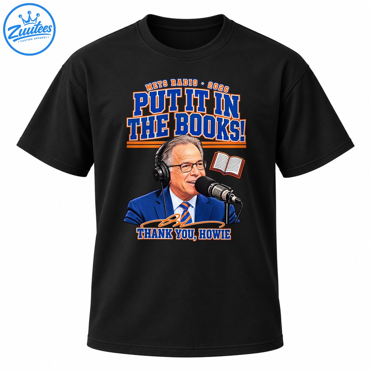 Put It In The Books Thank You Howie Mets Radio 2026 shirt design with a broadcaster, microphone, and open book Put It In The Books Thank You Howie Mets Radio 2026 shirt design with a broadcaster, microphone, and open book