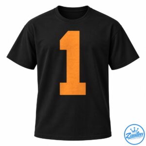 Large textured orange number one graphic with a vintage distressed finish on a black background
