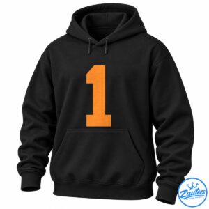 Large textured orange number one graphic with a vintage distressed finish on a black background