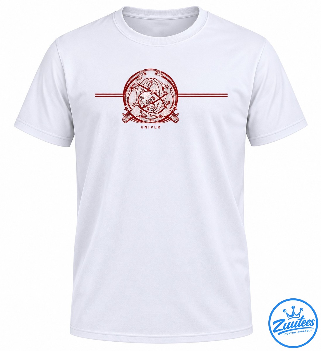 Queens Of The Stone Age Perfecth Album Stationary Tracklist Shirt Distressed red circular celestial emblem with stars, intersecting lines, crossed details, and small lettering on a dark background