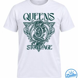 Deep teal graphic with Queens of the Stone Age lettering, a winding snake, ornate dagger imagery, and decorative scrollwork.