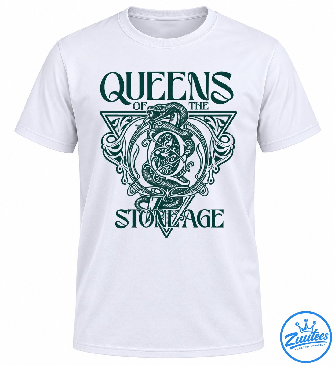 Queens Of The Stone Age Snake And Dagger Logo Shirt Deep teal graphic with Queens of the Stone Age lettering, a winding snake, ornate dagger imagery, and decorative scrollwork.