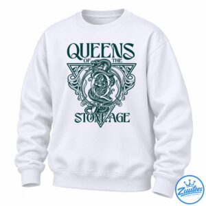 Deep teal graphic with Queens of the Stone Age lettering, a winding snake, ornate dagger imagery, and decorative scrollwork.