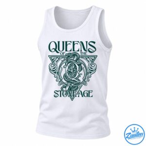 Deep teal graphic with Queens of the Stone Age lettering, a winding snake, ornate dagger imagery, and decorative scrollwork.