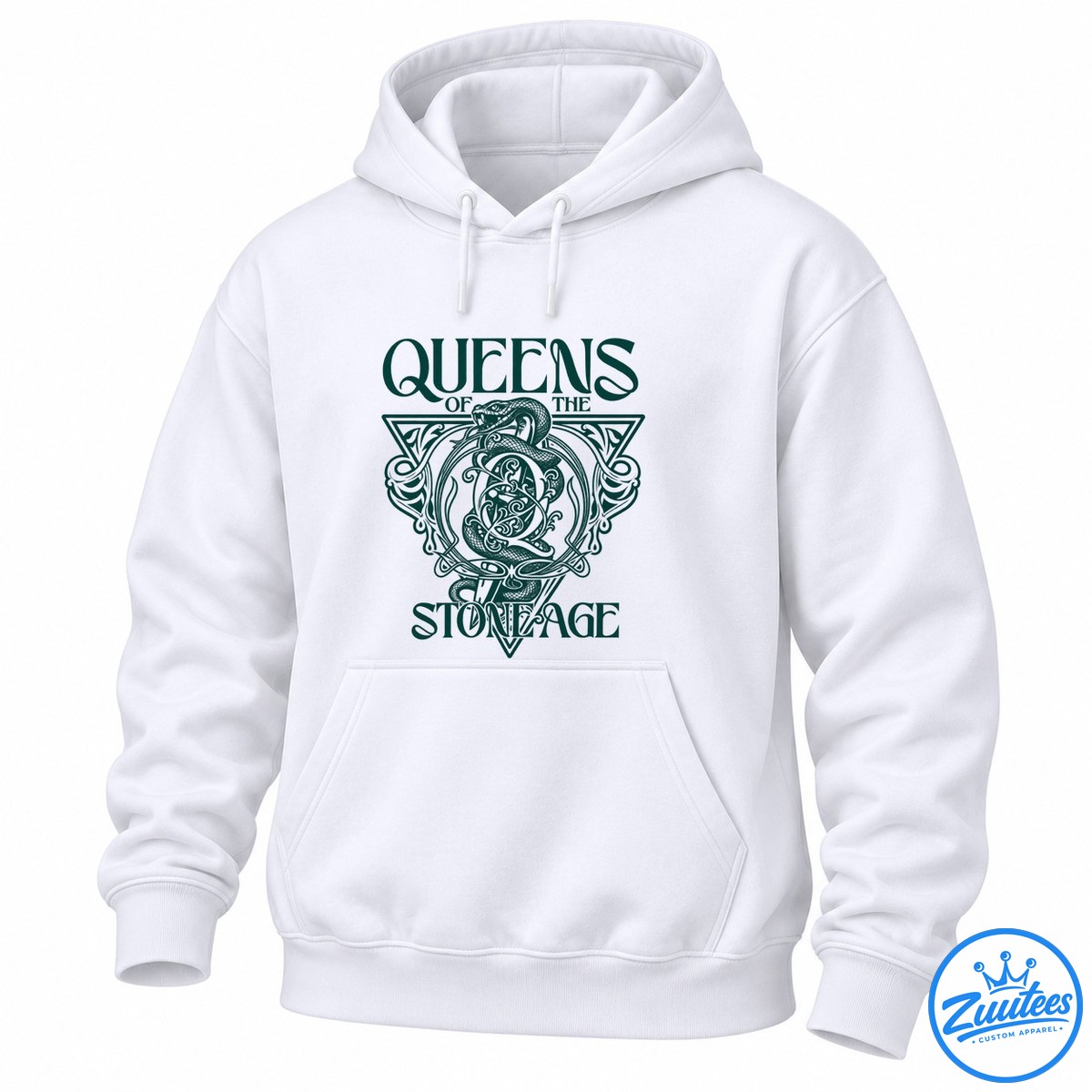 Queens Of The Stone Age Snake And Dagger Logo Shirt Deep teal graphic with Queens of the Stone Age lettering, a winding snake, ornate dagger imagery, and decorative scrollwork.
