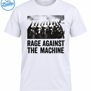 Black-and-white distressed graphic of nuns above bold RAGE AGAINST THE MACHINE lettering