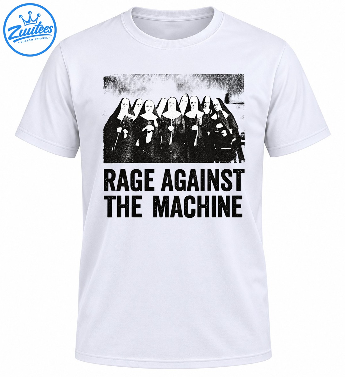 Black and white distressed graphic of nuns above bold RAGE AGAINST THE MACHINE lettering Black-and-white distressed graphic of nuns above bold RAGE AGAINST THE MACHINE lettering