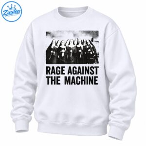 Black-and-white distressed graphic of nuns above bold RAGE AGAINST THE MACHINE lettering
