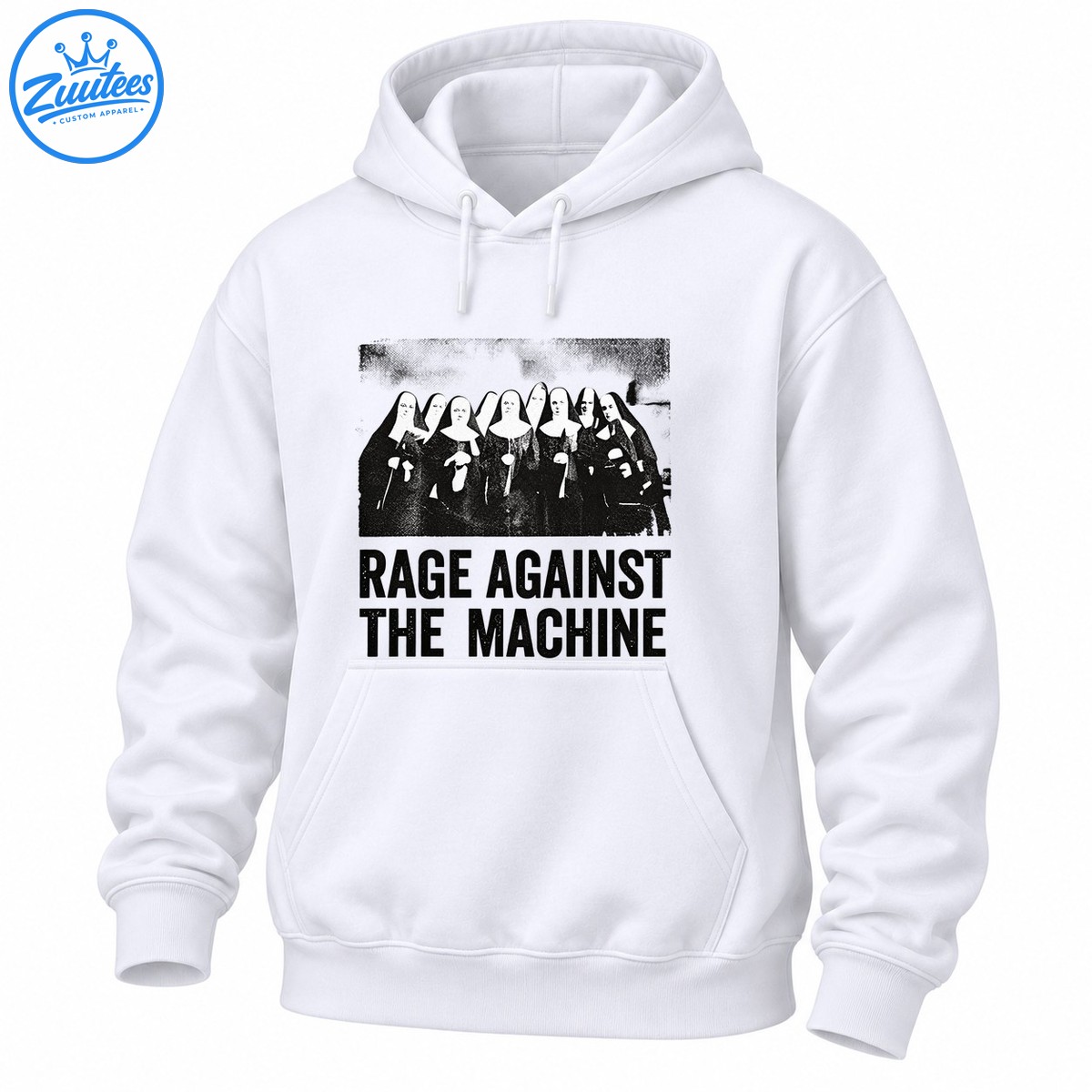 Black and white distressed graphic of nuns above bold RAGE AGAINST THE MACHINE lettering Black-and-white distressed graphic of nuns above bold RAGE AGAINST THE MACHINE lettering