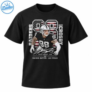 Maxx Crosby shirt with a distressed number 98, American flag details, vertical Raiders lettering, and Raider Nation Las Vegas text