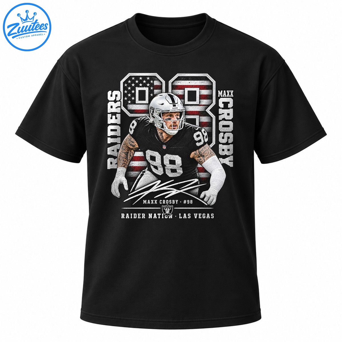Maxx Crosby shirt with a distressed number 98, American flag details, vertical Raiders lettering, and Raider Nation Las Vegas text Maxx Crosby shirt with a distressed number 98, American flag details, vertical Raiders lettering, and Raider Nation Las Vegas text