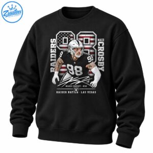 Maxx Crosby shirt with a distressed number 98, American flag details, vertical Raiders lettering, and Raider Nation Las Vegas text