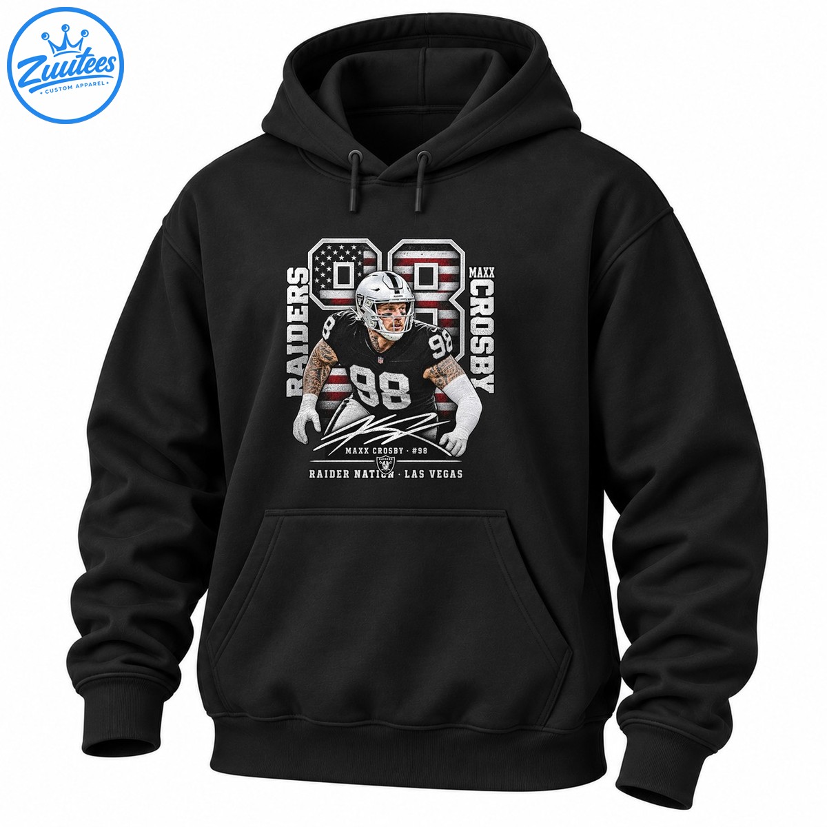 Maxx Crosby shirt with a distressed number 98, American flag details, vertical Raiders lettering, and Raider Nation Las Vegas text Maxx Crosby shirt with a distressed number 98, American flag details, vertical Raiders lettering, and Raider Nation Las Vegas text