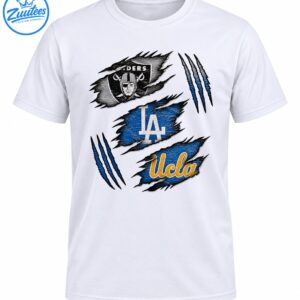 Distressed sports graphic with Raiders shield, white LA lettering, gold UCLA script, blue torn patches, and claw marks