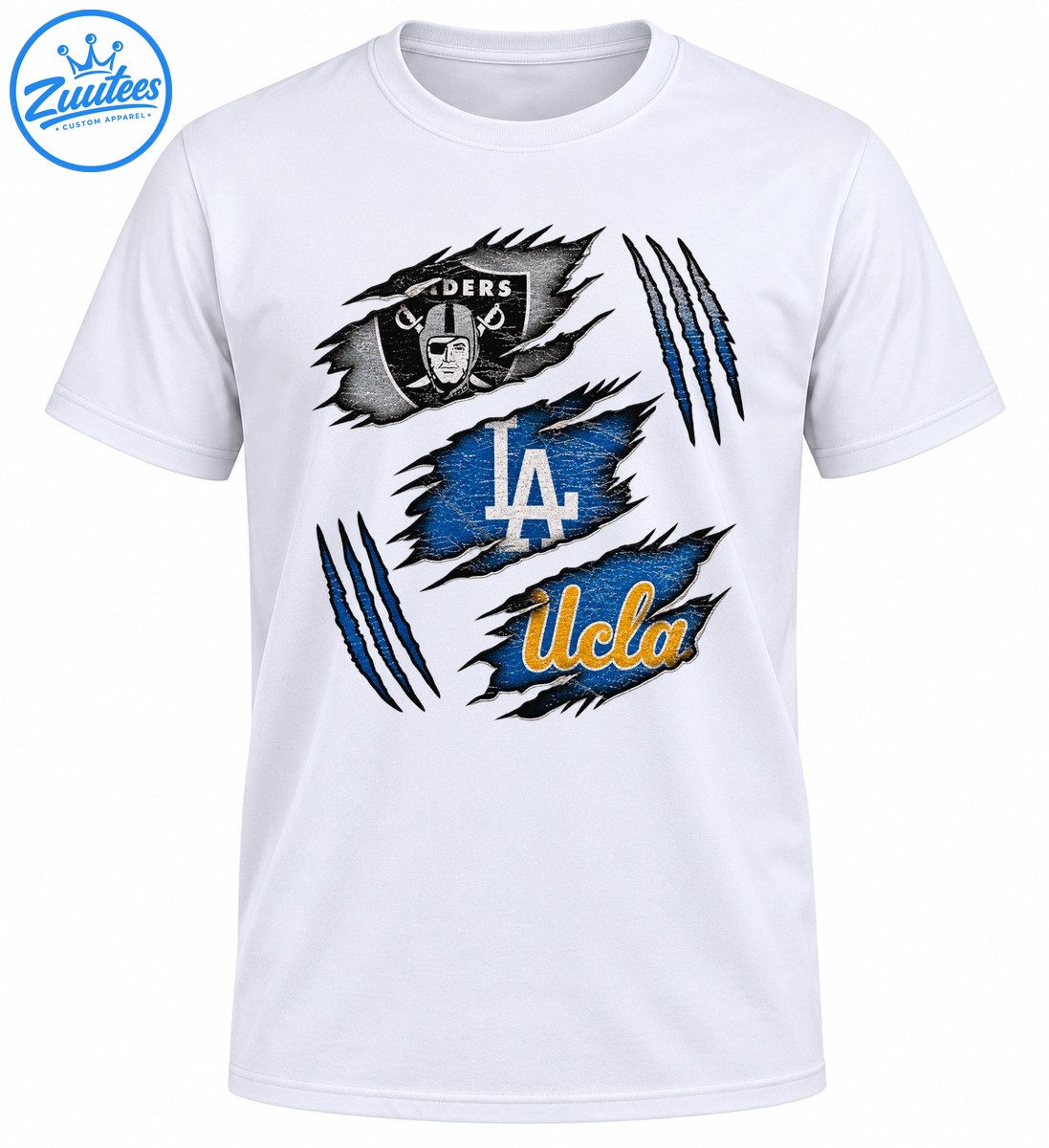 Distressed sports graphic with Raiders shield, white LA lettering, gold UCLA script, blue torn patches, and claw marks Distressed sports graphic with Raiders shield, white LA lettering, gold UCLA script, blue torn patches, and claw marks