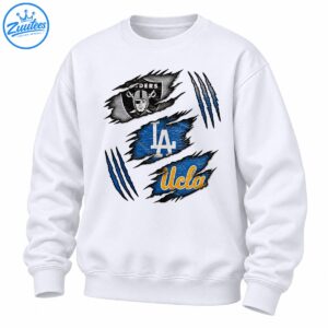 Distressed sports graphic with Raiders shield, white LA lettering, gold UCLA script, blue torn patches, and claw marks
