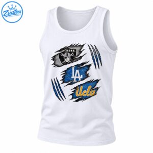 Distressed sports graphic with Raiders shield, white LA lettering, gold UCLA script, blue torn patches, and claw marks