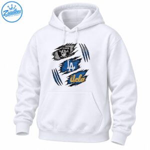 Distressed sports graphic with Raiders shield, white LA lettering, gold UCLA script, blue torn patches, and claw marks
