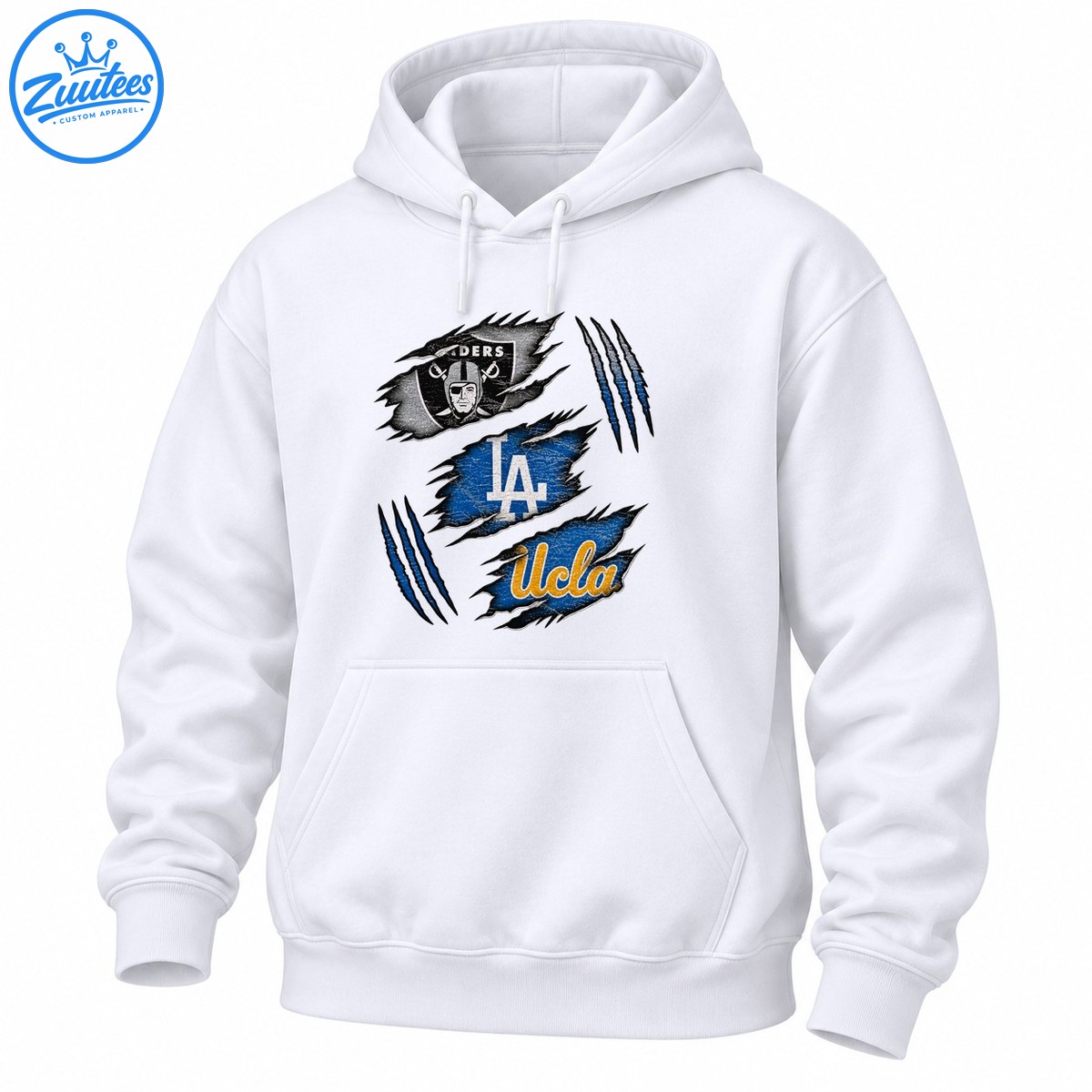 Distressed sports graphic with Raiders shield, white LA lettering, gold UCLA script, blue torn patches, and claw marks Distressed sports graphic with Raiders shield, white LA lettering, gold UCLA script, blue torn patches, and claw marks