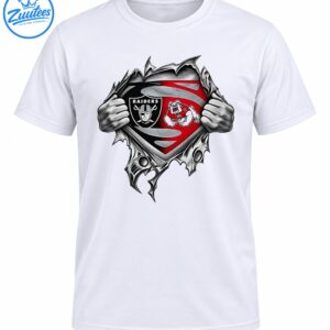 Ripped-fabric sports graphic with grayscale hands, a black RAIDERS shield, a red bulldog emblem, and silver details