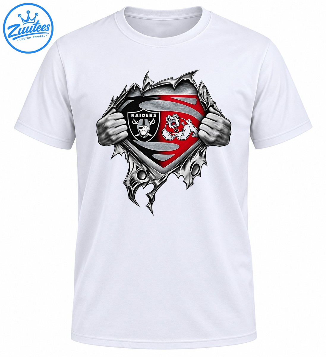 Ripped fabric sports graphic with grayscale hands, a black RAIDERS shield, a red bulldog emblem, and silver details Ripped-fabric sports graphic with grayscale hands, a black RAIDERS shield, a red bulldog emblem, and silver details