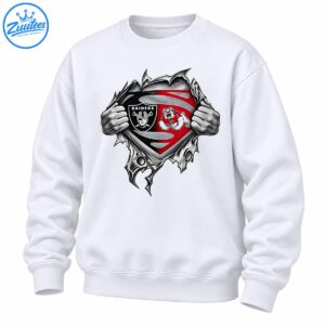 Ripped-fabric sports graphic with grayscale hands, a black RAIDERS shield, a red bulldog emblem, and silver details