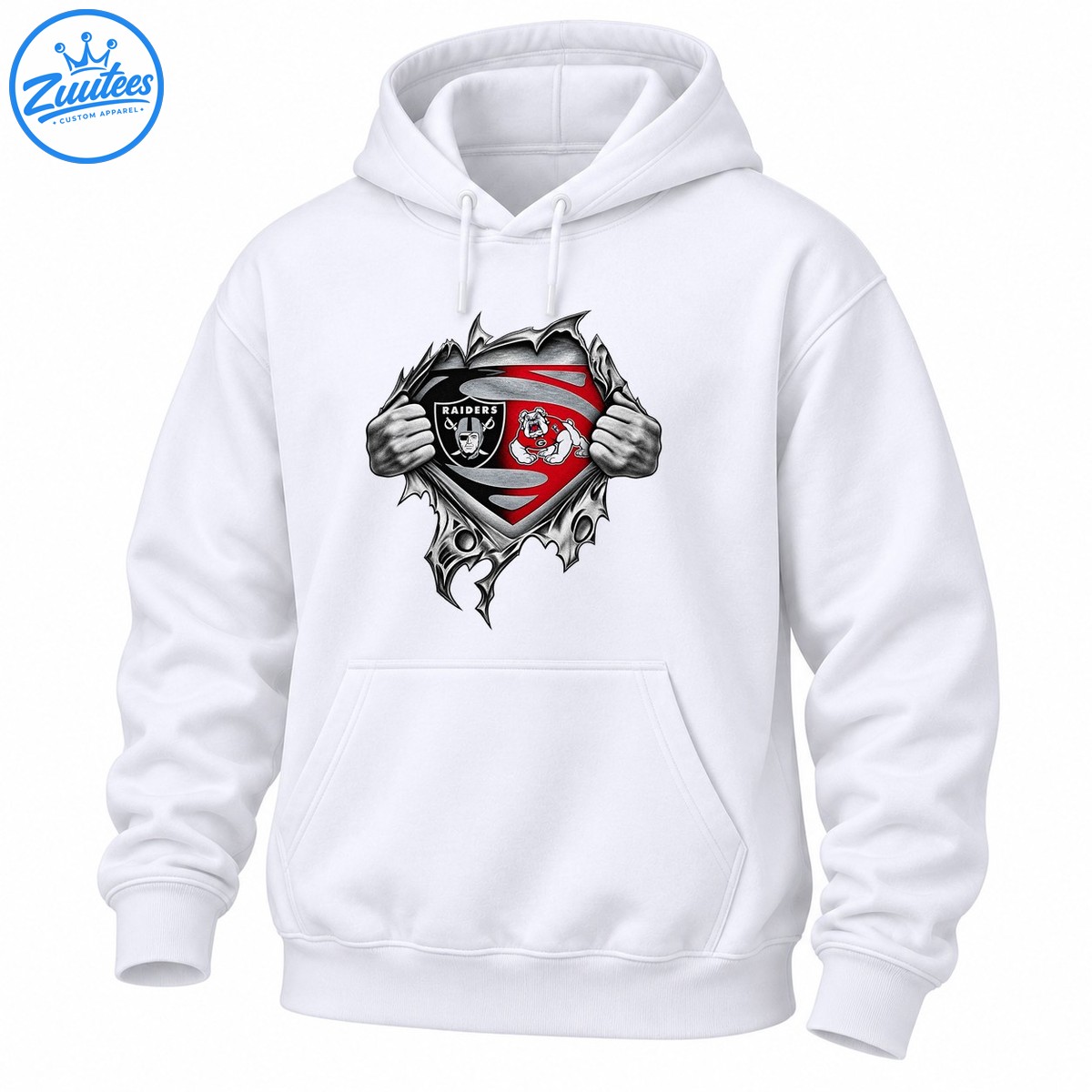 Ripped fabric sports graphic with grayscale hands, a black RAIDERS shield, a red bulldog emblem, and silver details Ripped-fabric sports graphic with grayscale hands, a black RAIDERS shield, a red bulldog emblem, and silver details
