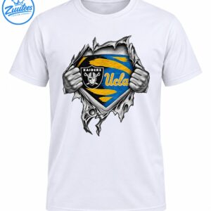Grayscale hands rip open a jagged surface revealing a black Raiders shield and blue and gold UCLA graphic.