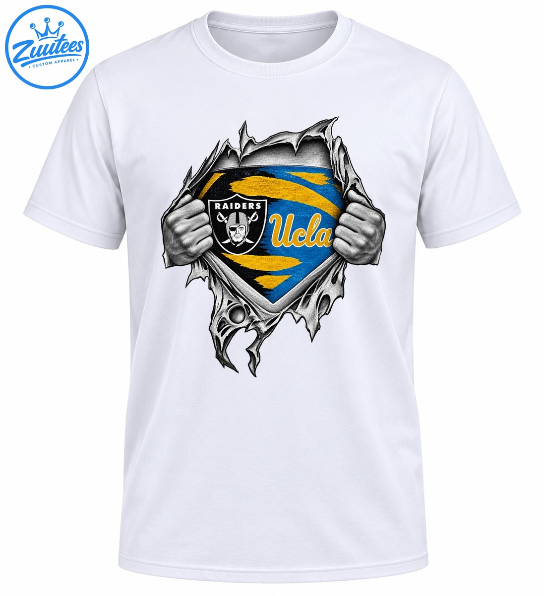 Grayscale hands rip open a jagged surface revealing a black Raiders shield and blue and gold UCLA graphic. Grayscale hands rip open a jagged surface revealing a black Raiders shield and blue and gold UCLA graphic.
