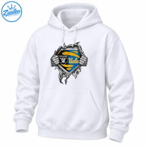 Grayscale hands rip open a jagged surface revealing a black Raiders shield and blue and gold UCLA graphic.