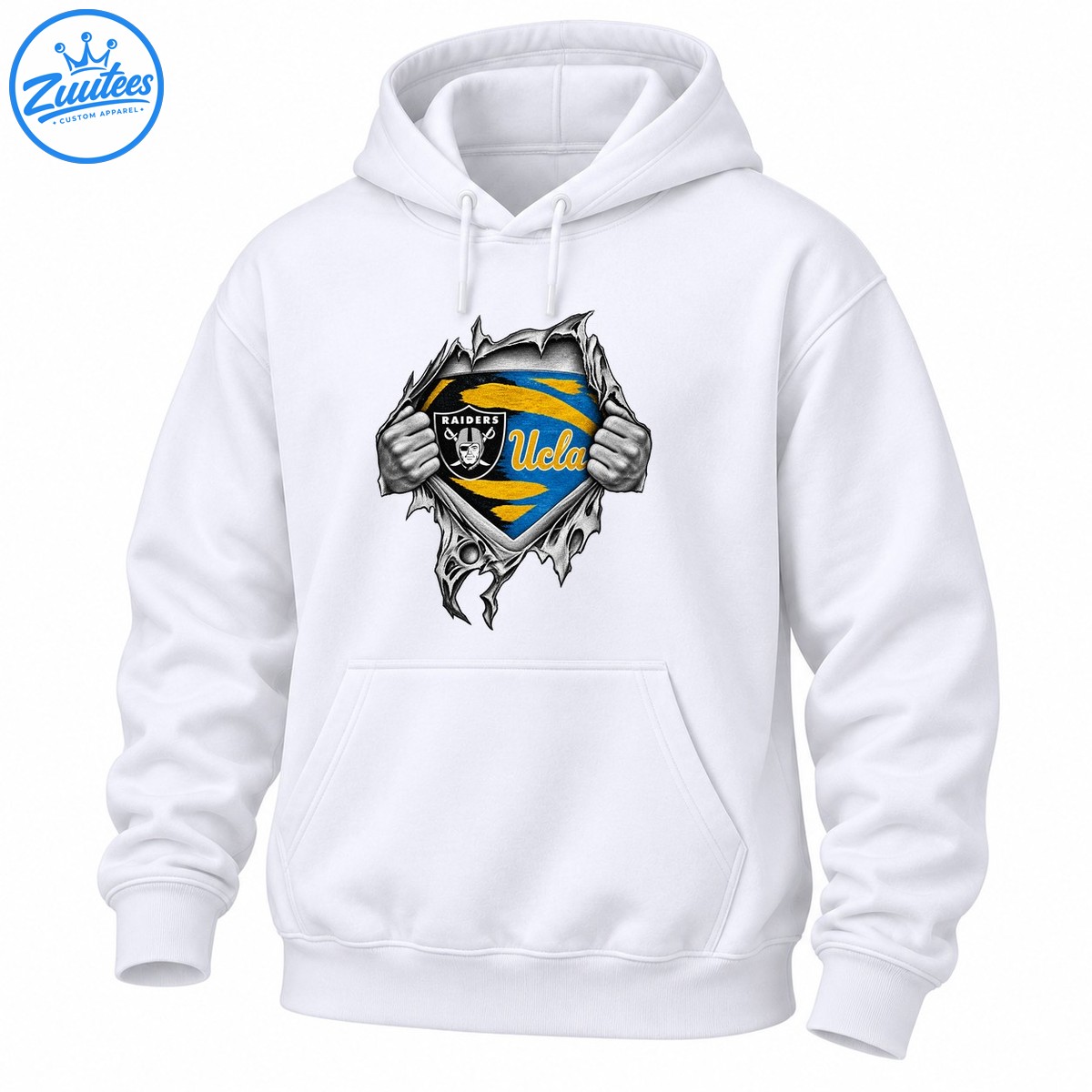 Grayscale hands rip open a jagged surface revealing a black Raiders shield and blue and gold UCLA graphic. Grayscale hands rip open a jagged surface revealing a black Raiders shield and blue and gold UCLA graphic.